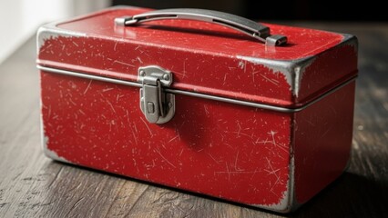 Vintage Red Toolbox on Wooden Surface - A Detailed Close-up.