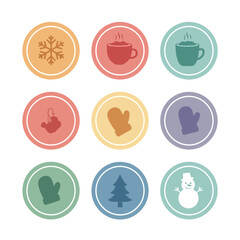 Fototapeta premium Set of cozy winter and holiday-themed icons including mugs, snowman, mitten, and pine tree in