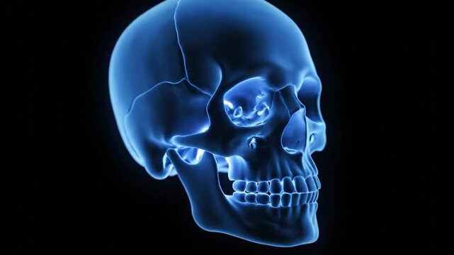 A glowing blue skull illustration against a black background, showcasing skeletal features