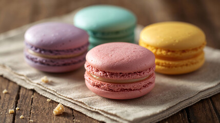 Obraz premium Close up pastel macaron resting on wooden table for charming bakery menu display food photography background aesthetic wallpaper 4k