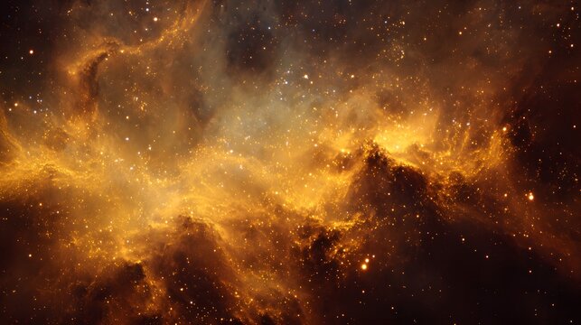 Brilliant golden clouds illuminate a dense field of distant stellar bodies across the cosmos