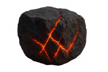 Volcanic rock cracking with glowing lava inside, showing power, danger, and destruction, transparent background