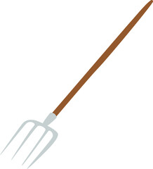 Simple vector illustration of a pitchfork, a classic farm and garden tool, with a brown wooden handle and silver metal prongs, isolated on a white background.