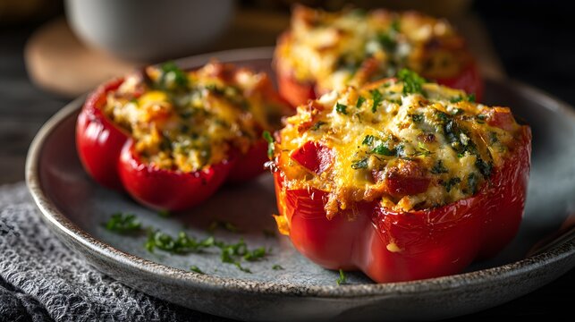 Three portions of baked red bell peppers filled with savory stuffing and melted cheese rest on a rustic plate