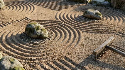 Zen Garden Rocks Raked Patterns Outdoor Tranquil View