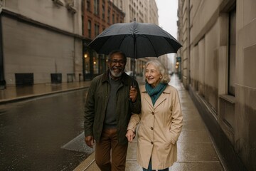Senior couple walking in the rain under umbrella, smiling and enjoying city atmosphere.