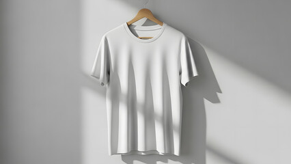 Blank white t-shirt hanging on a wooden hanger against a wall with natural light and shadows, mockup for design