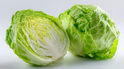 Fototapeta premium Two fresh heads of crisp green cabbage displayed with one cut in half to show the interior
