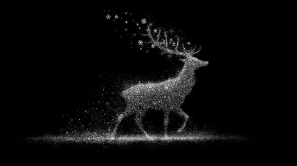 Sparkling silhouette of a majestic stag composed of white glittering particles against a deep black background