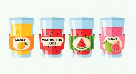 Refreshing Fruit Juices - Mango, Watermelon, and Guava in Stylish Cups.