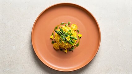 Gourmet Pasta Dish Plated on Clay Plate Minimalist View