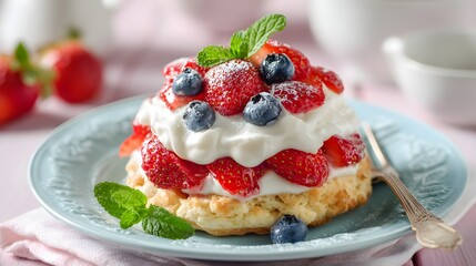 Layers of flaky biscuit, fresh whipped cream, strawberries, and blueberries create an inviting summer dessert presentation.
