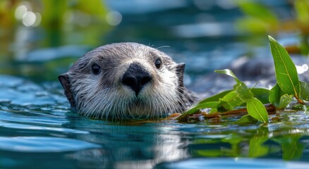 sea otter with kelp in the water