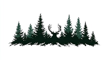 Obraz premium Silhouette of a majestic stag head centered behind a dense row of evergreen trees
