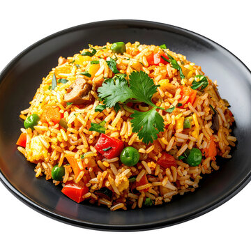 Arroz chaufa peruvian fried rice with chicken vegetables and soy sauce a popular chifa cuisine dish isolated on white background