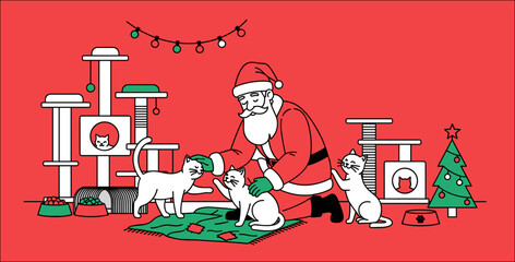 Santa Claus petting cute Christmas cats in a festive red background illustration for holiday pet adoption, feline Christmas celebration, animal welfare blogs, and seasonal marketing.