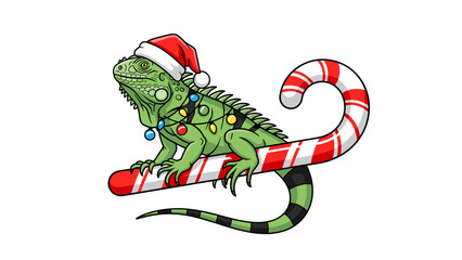 Cartoon Green Iguana with Santa Hat and Christmas Lights on Candy Cane for Holiday Cards, Festive Decorations, Exotic Pet Gifts, and Unique Xmas Designs