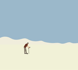 Elderly man use walking cane walk on mountain snow under blue sky. Retirement outdoor adventure activity. 