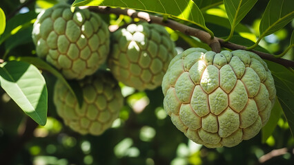 Fototapeta premium Fresh green sugar apples, also known as custard apples, ripening on a lush tree branch under natural sunlight, highlighting the distinctive bumpy skin of this healthy tropical fruit