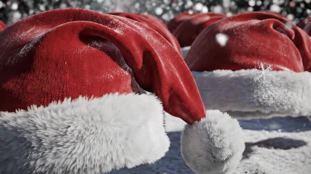 Close up of santa hats in a festive arrangement for seasonal concepts