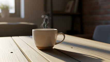 A warm mug of steaming coffee sitting on a wooden table in natural sunlight, perfect for a cozy morning or break