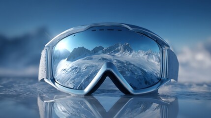 Snow sports protective eyewear rests on a reflective icy surface with mountain landscape mirrored in the lens
