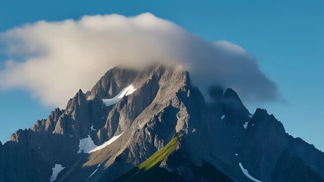 Majestic mountain peak shrouded in dramatic clouds, showcasing rugged terrain and natural beauty