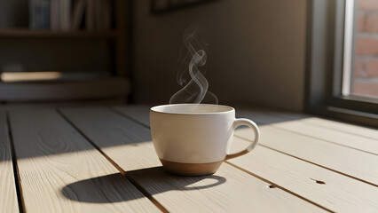 A cozy cup of steaming hot beverage on a wooden table bathed in warm sunlight