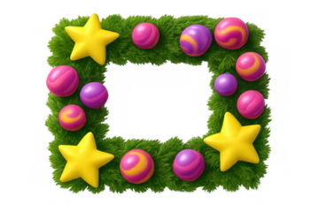 Christmas holiday frame with green fir wreath, yellow stars and colorful baubles on transparent background