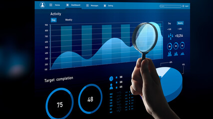 A hand holds a magnifying glass over a sleek digital dashboard displaying graphs and metrics. The dashboard focuses on activity tracking and performance insights. Impute