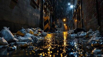 Rainy Night Alley with Urban Waste Pollution