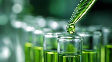 Dropper dispensing vivid green liquid into a row of laboratory test tubes under bright lighting