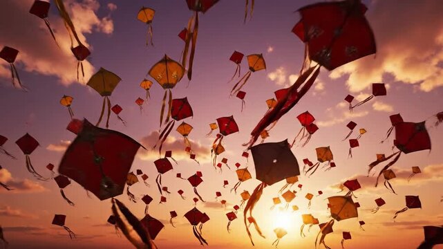 Flying Kites Celebration at Sunset Indian Festival Atmosphere