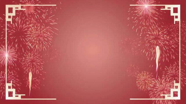 Digital illustration of a red background with fireworks and white decorative borders for a festive celebration or greeting card with a joyful mood.