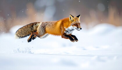 冬の雪原で跳ねるキツネを捉えた野生動物写真