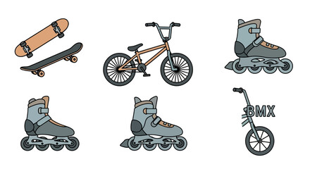 Obraz premium Skateboard, BMX bike, and roller skates vector illustration.