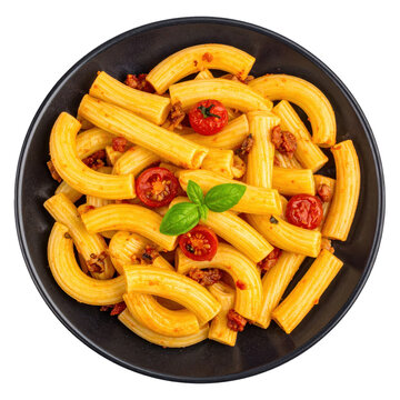 Uruguayan capeletis a la caruso a creamy pasta dish with ham and mushrooms in a rich sauce served on a plate and isolated on white background