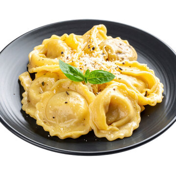 Uruguayan capeletis a la caruso a creamy pasta dish with ham and mushrooms in a rich sauce served on a plate and isolated on white background