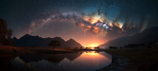 Obraz premium Breathtaking panoramic landscape of a serene lake reflecting a star-filled night sky, Milky Way arching above silhouetted mountains at sunset, dreamy and ethereal scenery