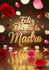 Portrait 3D Golden Script &ldquo;Feliz D&iacute;a de la Madre&rdquo; with Floating Roses &mdash; Elegant Card Mockup