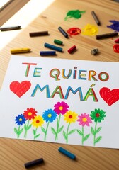 Portrait Child&rsquo;s Crayon Drawing &ldquo;Te quiero mam&aacute;&rdquo; &mdash; Mother&rsquo;s Day Craft &mdash; Printable Card Composition
