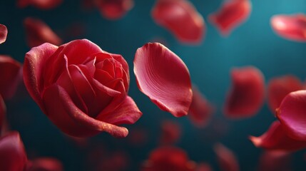A close-up view of a red rose and petals falling with a soft glow