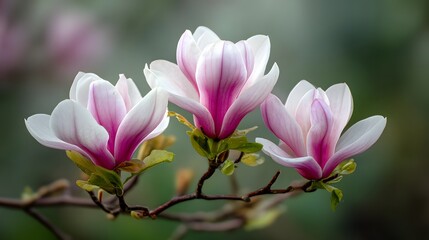 Obraz premium Three prominent spring blossoms display striking white and magenta coloration upon delicate branches.