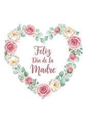 Portrait Watercolor Floral Heart Wreath &mdash; Feliz D&iacute;a de la Madre &mdash; Poster-Style Illustration