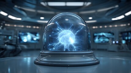 Glowing electrical discharge illuminates a containment sphere inside a futuristic laboratory setting