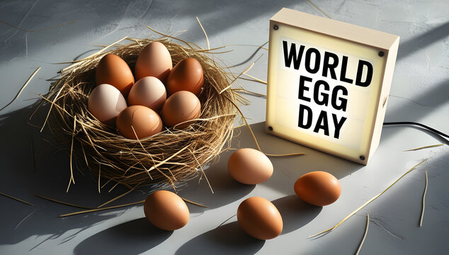 Natural Still Life of Brown Eggs in Straw Celebrating World Egg Day - Powered by Adobe