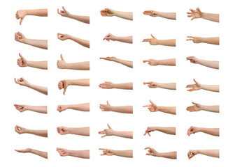 Female hands on white background. Collection of gestures