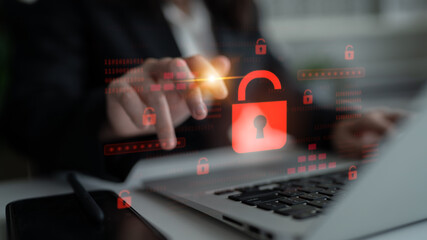 Digital security concept illustrating a cybersecurity breach, with a red unlocked padlock indicating data exposure among secure systems, emphasizing system vulnerability and risk Latch