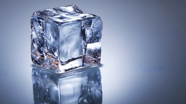 Single frozen water cube rests on a reflective surface against a cool gradient background