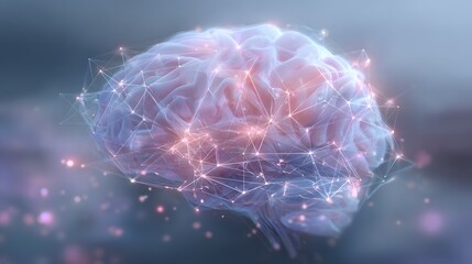 Illuminated human brain structure overlaid with digital connection network visualization